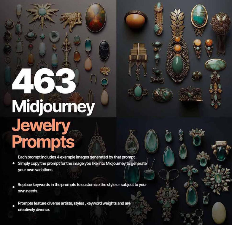 460 专业Midjourney珠宝摄影AI提示词戒指,项链-耳环-手链-宝石等,立即开始创作珠宝艺术